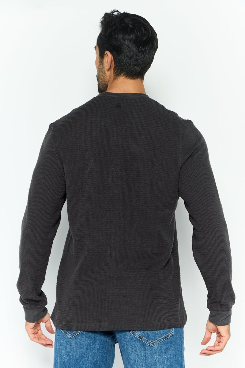 Rainforest Men Henley Neckline Textured Long Sleeves Sweatshirt, Dark Grey - Image 4