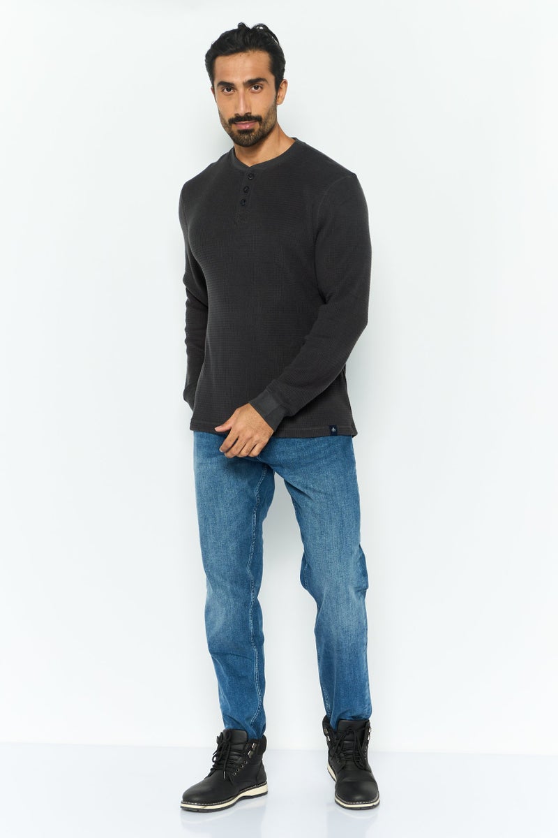 Rainforest Men Henley Neckline Textured Long Sleeves Sweatshirt, Dark Grey - Image 2