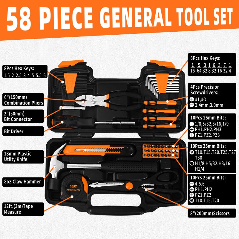 GETFOO 58-Piece Tool Kit Basic Home Repair Tool Set, General Household Hand Tool Kit,Small Tool Kit with Plastic Toolbox Mini Tool kit for Women, Office & College Repairs Orange - Image 3