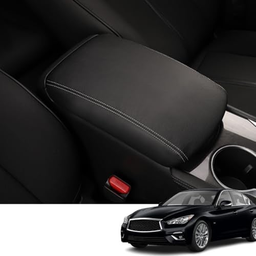 Bmolpt Custom Interior Accessories for Infiniti Q50 2014 2015 2016 2017 2018 2019 2020-2023 Leather Center Armrest Box Cover Armrest Cushion Central Armrest Protector Pad(Black with White Stitching) - Image 1