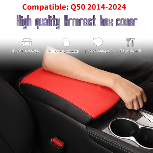 Bmolpt Custom Interior Accessories for Infiniti Q50 2014 2015 2016 2017 2018 2019 2020-2023 Leather Center Armrest Box Cover Armrest Cushion Central Armrest Protector Pad(Black with White Stitching) - Image 3