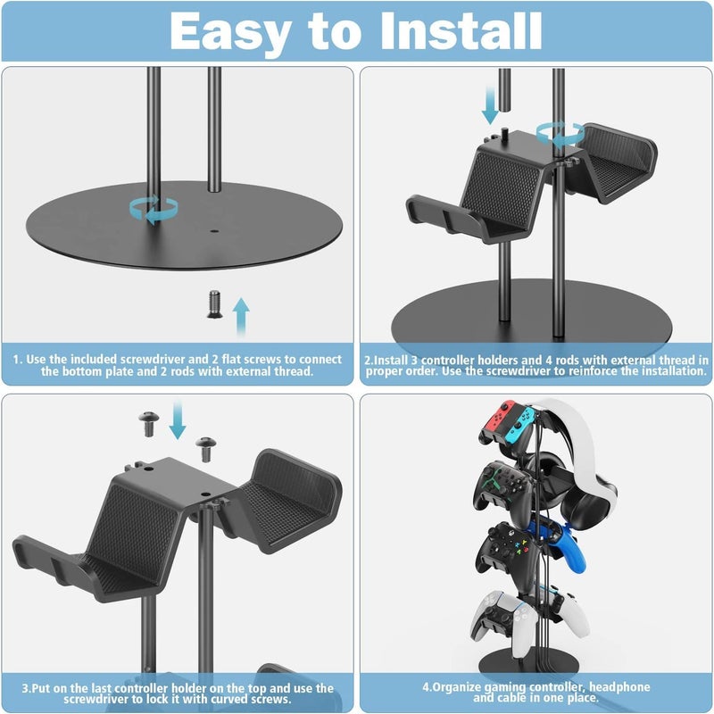Kytok Controller Stand 4 Tiers with Cable Organizer for Desk, Universal Headphone Stand Compatible with Xbox PS5 PS4 Console Nintendo Switch, Headset Holder & Desk Mounts for 8 Packs Controller - Image 4
