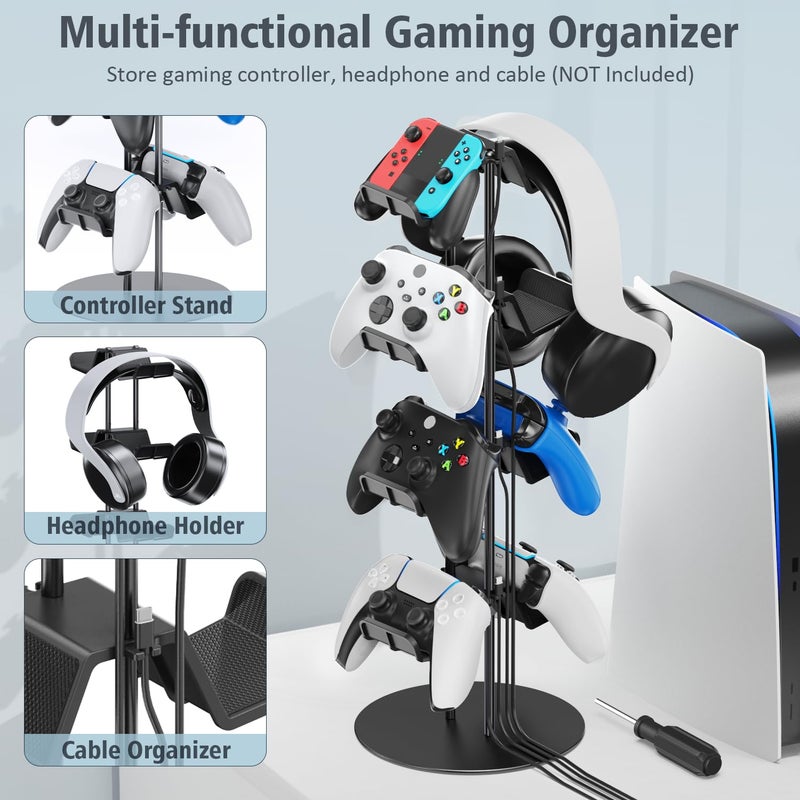 Kytok Controller Stand 4 Tiers with Cable Organizer for Desk, Universal Headphone Stand Compatible with Xbox PS5 PS4 Console Nintendo Switch, Headset Holder & Desk Mounts for 8 Packs Controller - Image 2