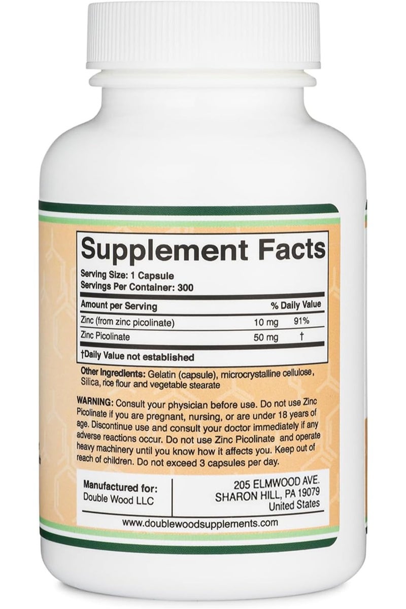 Double Wood Supplements زنك بيكولينات 50 ملغ، 300 كبسولة (دعم المناعة) خالي من الكائنات المعدلة وراثيًا، خالي من الغلوتين (إمداد لمدة 300 يوم) من دابل وود سوبليمنتس - Image 2