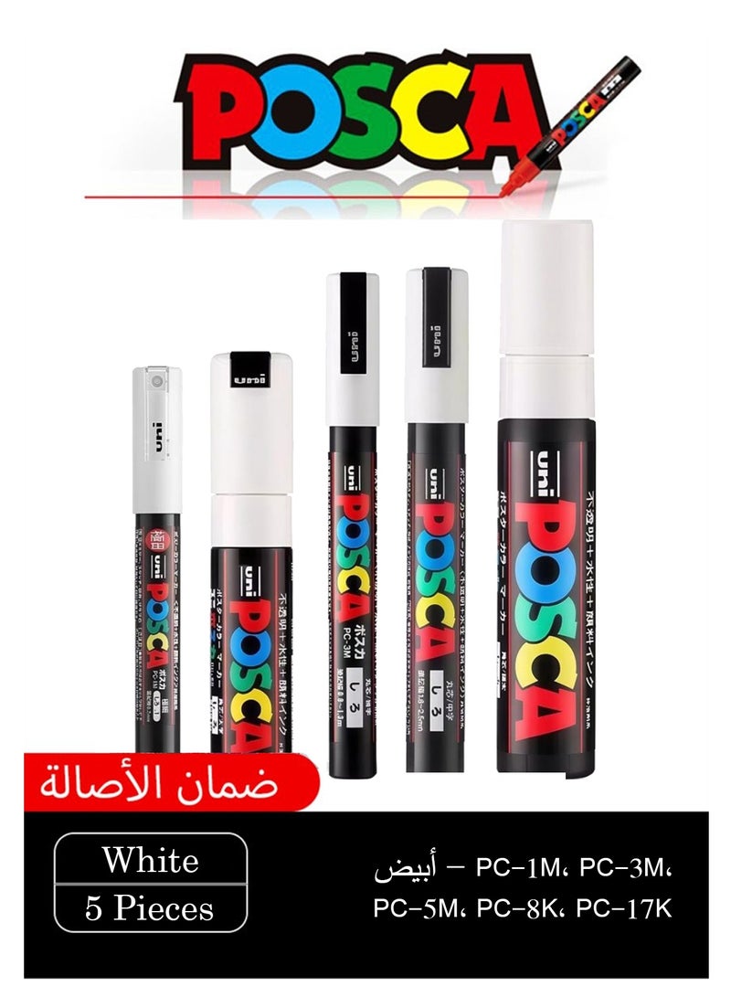 POSCA 5 Pieces - White Paint Marker Pens Set - PC-1M, PC-3M,PC-5M,PC-8K ,PC-17K  White Ink for Art, School, Rock Art, Fabric Paint, Fabric Markers - Image 1