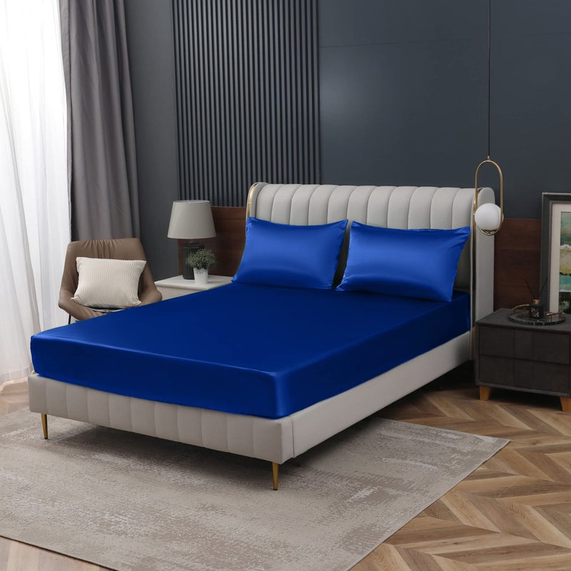 Homiest Royal Blue Satin Fitted Sheet Twin Size Fitted Bed Sheet  Deep Pocket Fitted Sheet Only  Luxury & Ultra Soft Bedding Fitted Sheet Single Bottom Bed Sheets Sold Separately - Image 1