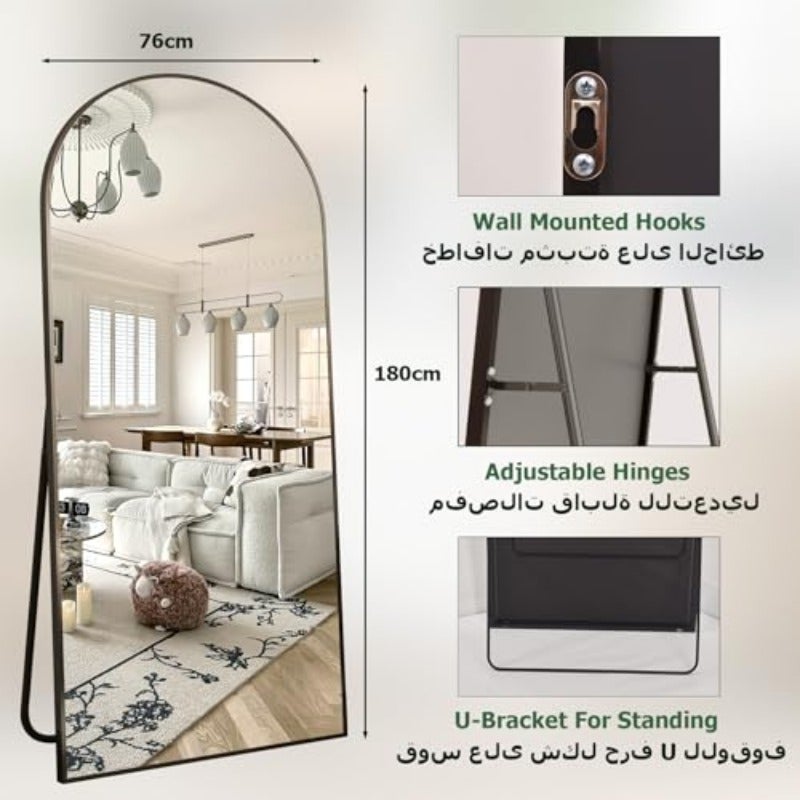 مرآة BEAUTYPEAK كاملة الطول 180x76 سم مرآة أرضية كبيرة ذات قوس مع حامل باللون الأسود - Image 5