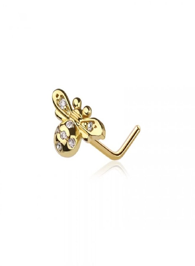 Pierced Owl 20GA 316L Stainless Steel CZ Crystal Bumble Bee Top L-Bend Nose Stud (Gold Tone) - Image 1