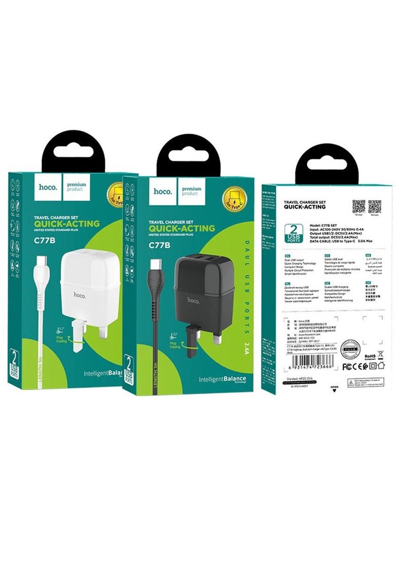 هوكو 2.4A شاحن مزدوج المنفذ مجموعة قابس المملكة المتحدة مع كابل Type-C - Image 4
