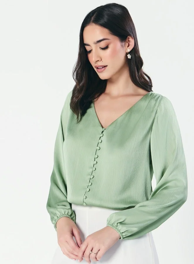Zigzag Deep VNeck Long Sleeve Green Top