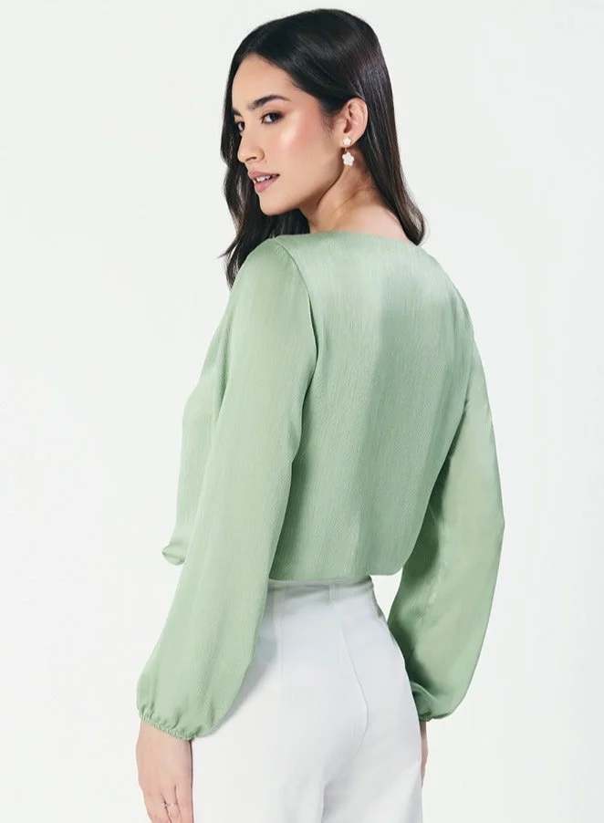 Zigzag Deep VNeck Long Sleeve Green Top