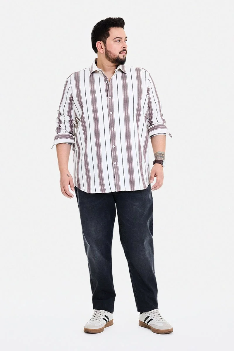 SNITCH Light Brown Striped Long Sleeve Regular Fit Casual Plus Size Shirt