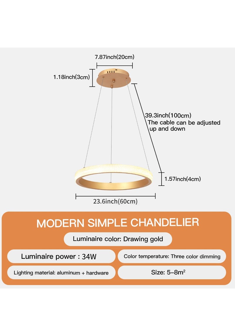 YATAI LIGHTING - Modern LED Chandeliers Dining Room,Remote Control Simplicity Gold Acrylic Ring Chandelier for Kichen Table,Study,Adjustable Color Temperature Chandelier Lamp (60CM) - Image 1