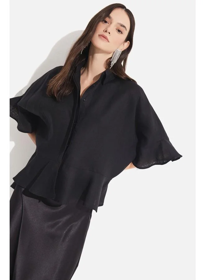 JUNE June Women's Exclusive Regular Fit Ruffle Detailed Linen Shirt