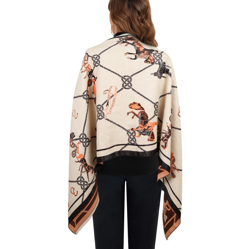 EXTREE Scarfs for Women Pashmina Silky Shawl Wrap for Evening Dressing Blanket Open Front Poncho Cape (AII-beige-horse) - Image 3