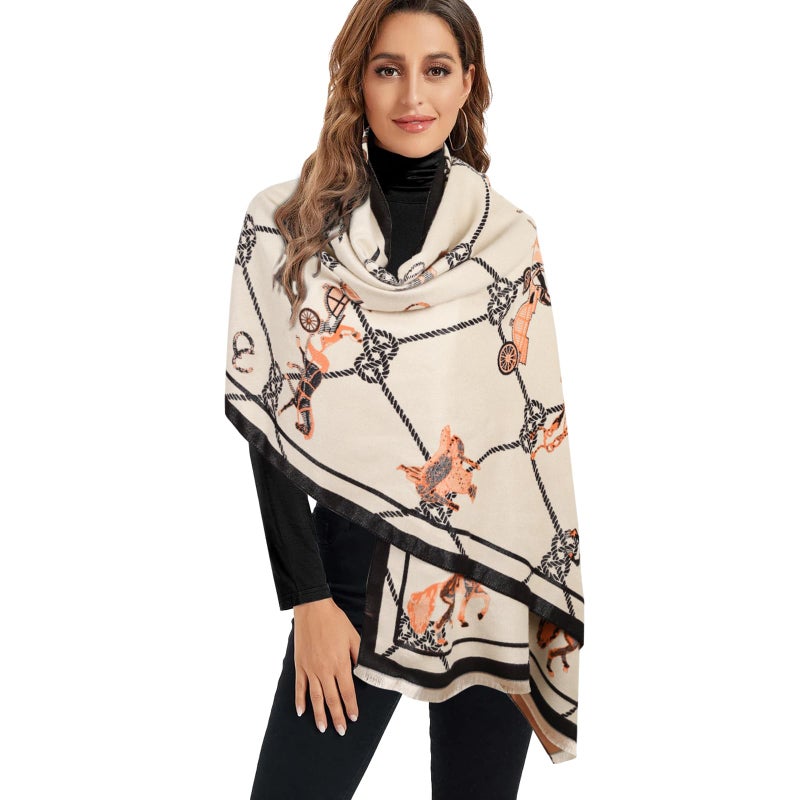 EXTREE Scarfs for Women Pashmina Silky Shawl Wrap for Evening Dressing Blanket Open Front Poncho Cape (AII-beige-horse) - Image 1