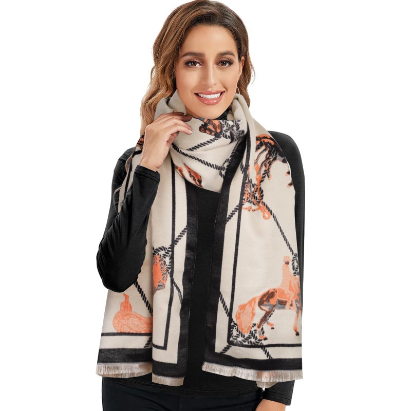 EXTREE Scarfs for Women Pashmina Silky Shawl Wrap for Evening Dressing Blanket Open Front Poncho Cape (AII-beige-horse) - Image 4