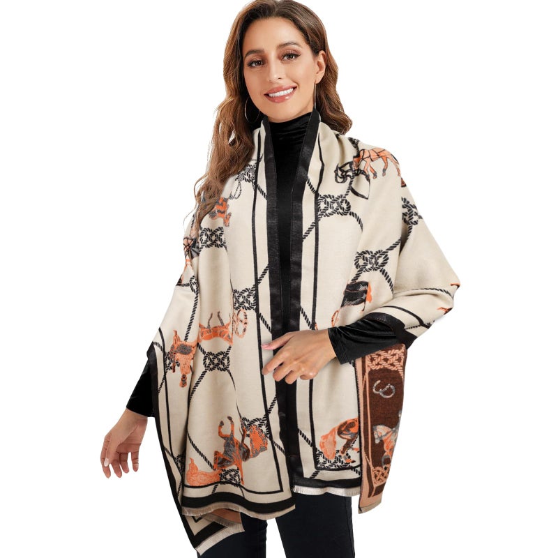 EXTREE Scarfs for Women Pashmina Silky Shawl Wrap for Evening Dressing Blanket Open Front Poncho Cape (AII-beige-horse) - Image 5