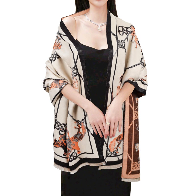 EXTREE Scarfs for Women Pashmina Silky Shawl Wrap for Evening Dressing Blanket Open Front Poncho Cape (AII-beige-horse) - Image 2