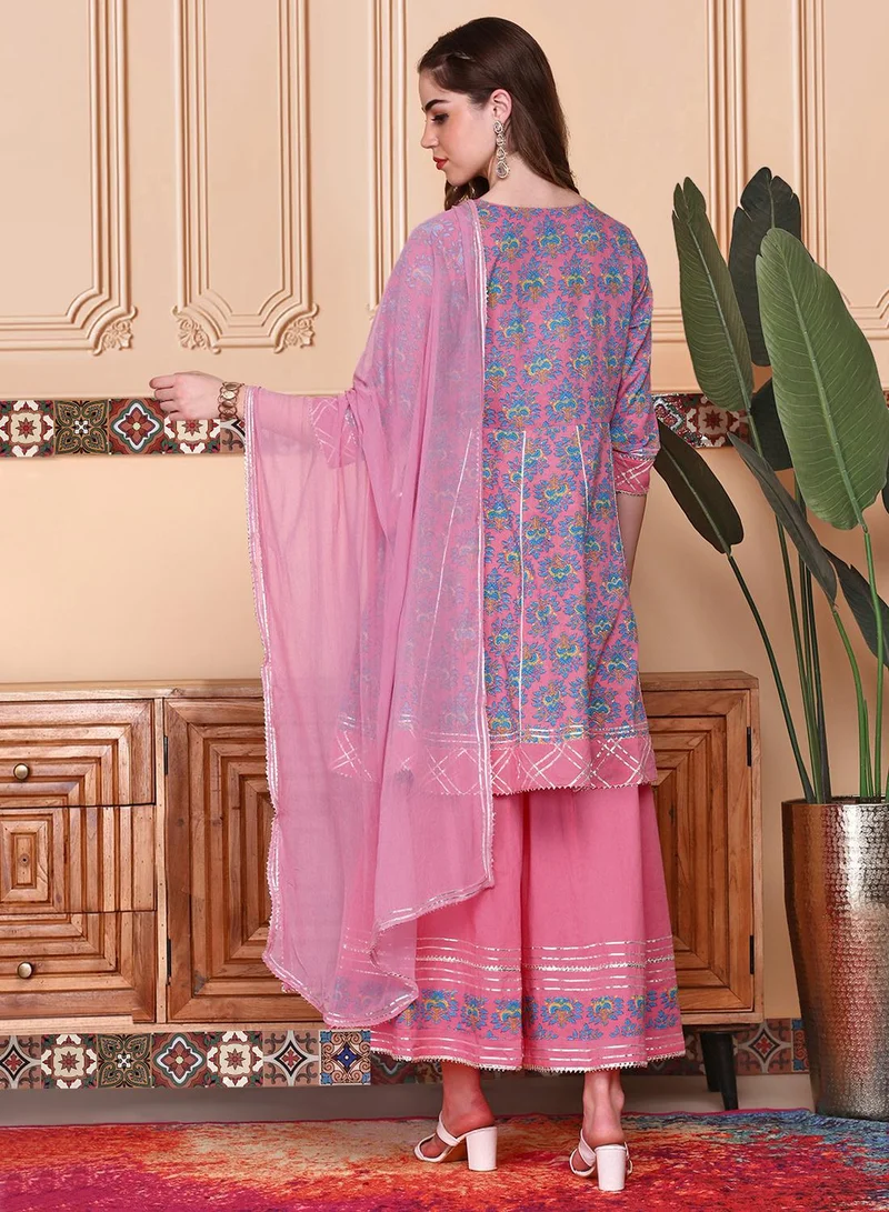 آي شين Floral Printed Pure Cotton Anarkai Kurta With Sharara & Dupatta