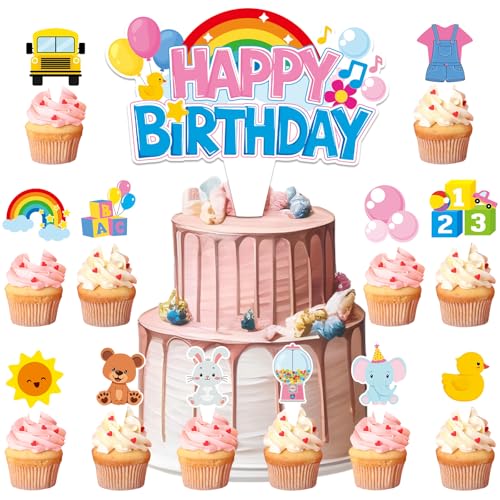 ojustbeok 26Pcs Girls Happy Birthday Cupcake Toppers Cartoon Teacher Cupcake Picks Cartoon Girls Party Decorations Rainbow ABC Bus Double Sided Cake Decorations for Birthday Baby Shower Party Supplies - Image 1