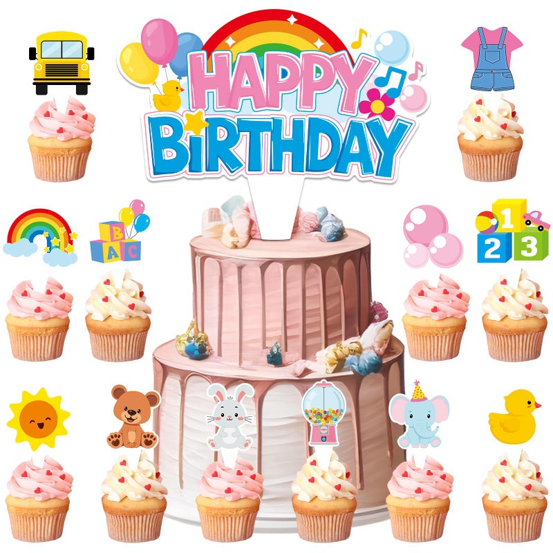 ojustbeok 26Pcs Girls Happy Birthday Cupcake Toppers Cartoon Teacher Cupcake Picks Cartoon Girls Party Decorations Rainbow ABC Bus Double Sided Cake Decorations for Birthday Baby Shower Party Supplies - Image 3