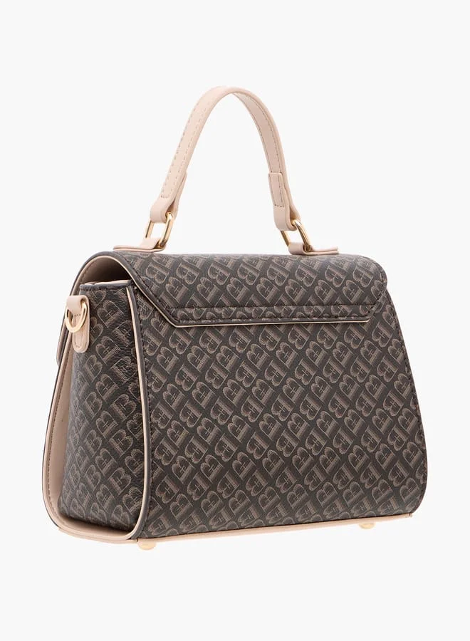 Flora Bella By Shoexpress Women Monogram Print Satchel Bag with Grab Handle and Button Closure