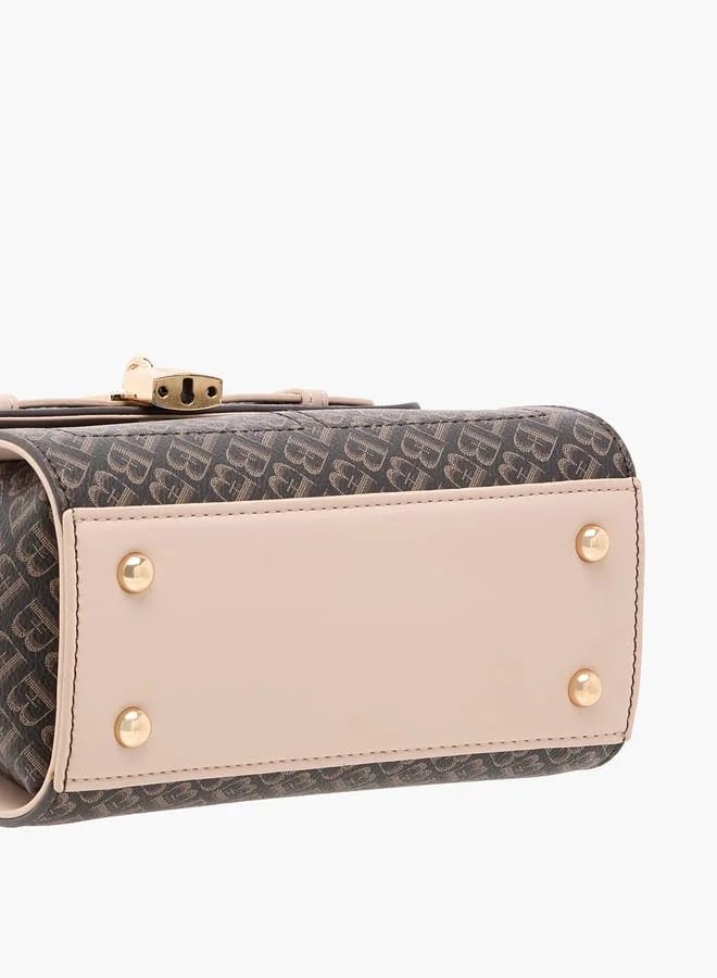 Flora Bella By Shoexpress Women Monogram Print Satchel Bag with Grab Handle and Button Closure