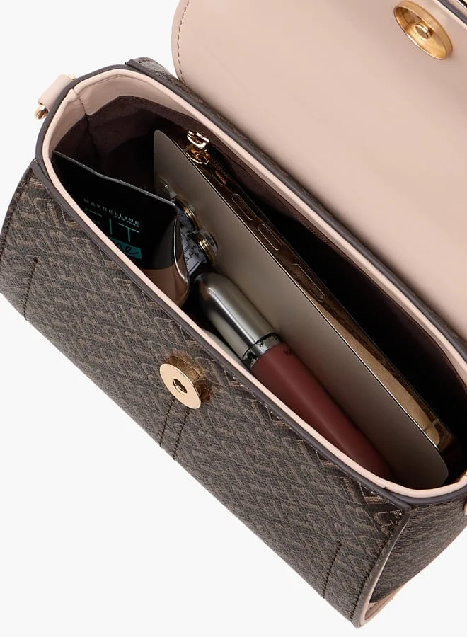 Flora Bella By Shoexpress Women Monogram Print Satchel Bag with Grab Handle and Button Closure