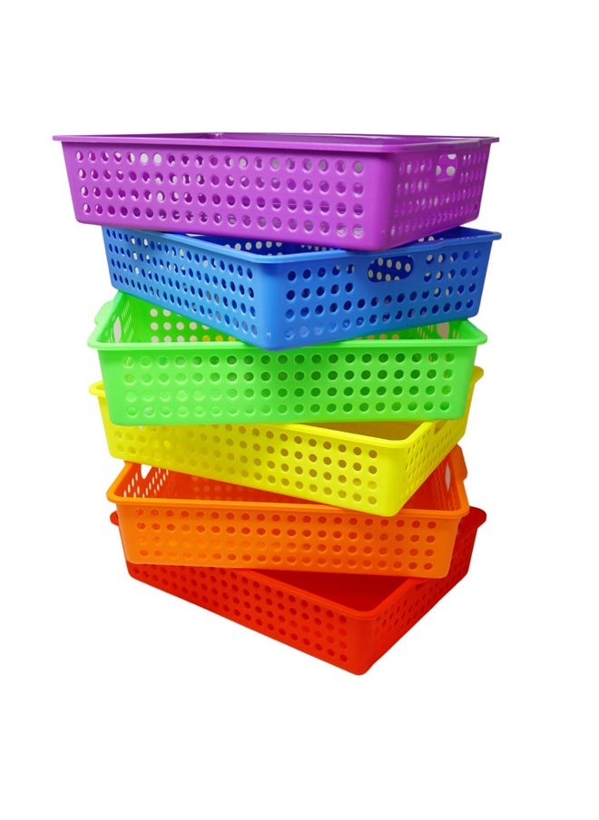 4E's Novelty 4E's Novelty 6 Pack Colorful Plastic Classroom Storage Bins 13.75" X 10.25" for Organizing Papers Trays, Pencils, Arts and Crafts Supplies, Rainbow Containers for Kids School Supplies  - Image 1