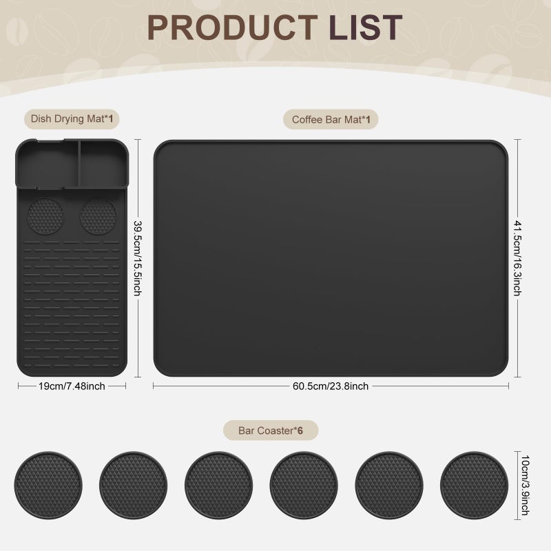 Garolue Silicone Coffee Mat with 6 Coasters,24"x16" Counter Bar Mat Fits Under Coffee Maker/Pot & Espresso Machine, Bar Aceessories,Detachable Drying Pad for Tamper,Sugar Packets,Cups & Countertop Protection - Image 2