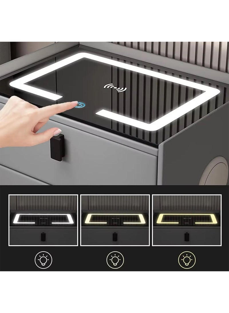 جي تي-ويل طاولة جانبية ذكية بثلاثة أدراج وطاولة جانبية حديثة للسرير مع أضواء LED قابلة للتعديل وطاولة شحن مع سطح طاولة من الزجاج المقسّى - Image 5