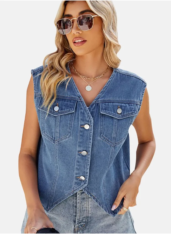 YUNIQEE Blue V Neck Sleeveless Denim Jacket