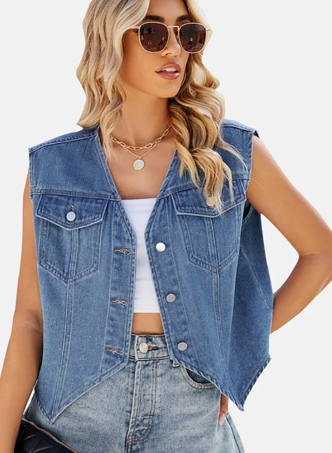YUNIQEE Blue V Neck Sleeveless Denim Jacket