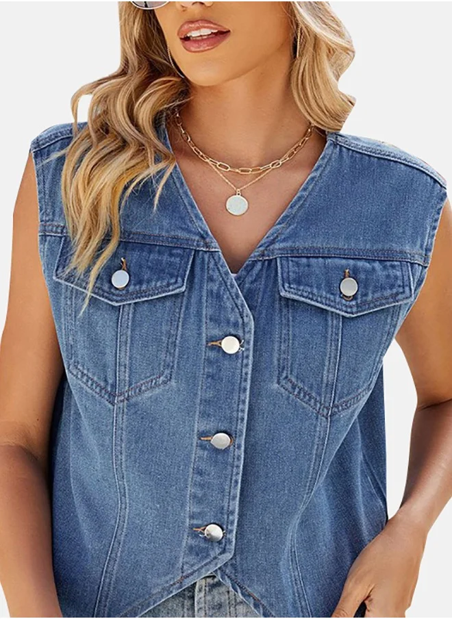 يونيكي Blue V Neck Sleeveless Denim Jacket