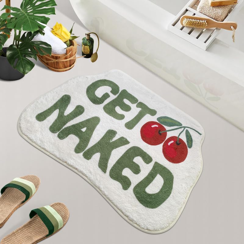 SHIYUE Get Naked Bath Mat Green Cute Funny Bathroom Rug, Soft Absorbent Water Non Slip, Superior Washable Microfiber Cool Shower Preppy Decor Rug (Cherry 18"x26") - Image 1