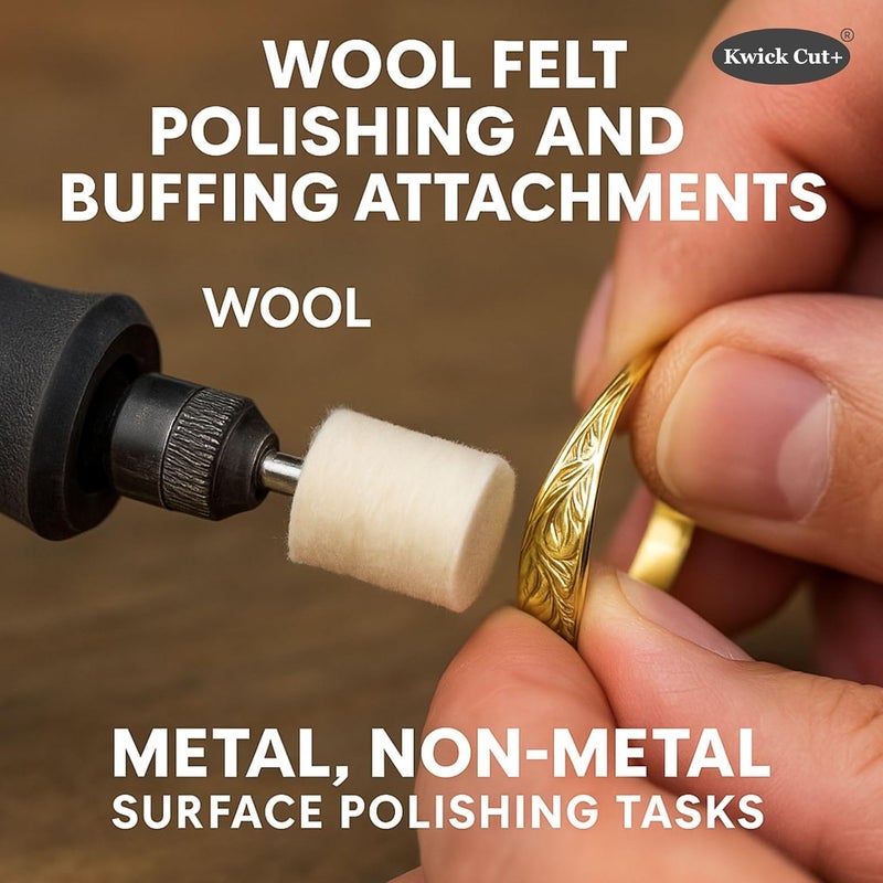 KWICK CUT + + 100 pcs set Wool Felt Polishing & Buffing Wheel Set – 3 mm Shank Mounted Felt Wheels for Dremel, Rotary Tools – Metal, Jewelry, Glass & Wood Mirror Finish Deburring Kit - Image 3