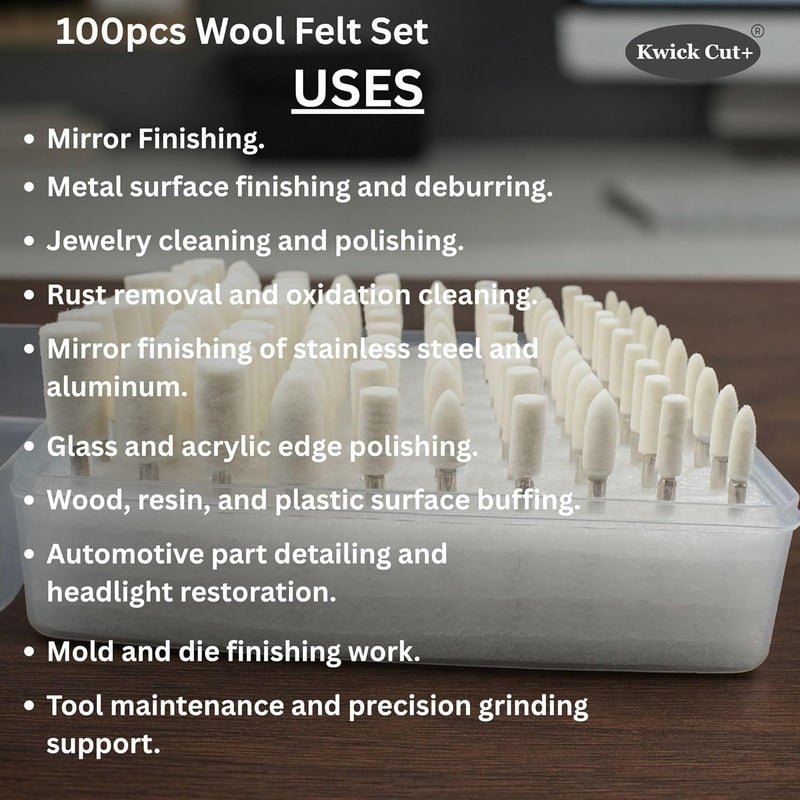 KWICK CUT + + 100 pcs set Wool Felt Polishing & Buffing Wheel Set – 3 mm Shank Mounted Felt Wheels for Dremel, Rotary Tools – Metal, Jewelry, Glass & Wood Mirror Finish Deburring Kit - Image 2