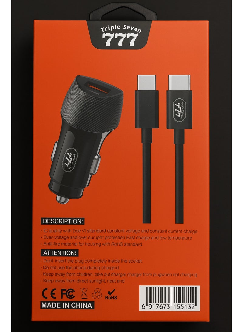 777 Triple Seven CA10 Car Charger 45W Fast Charge with 18W USB & 27W Type-C Output + Type-C Cable - Image 2
