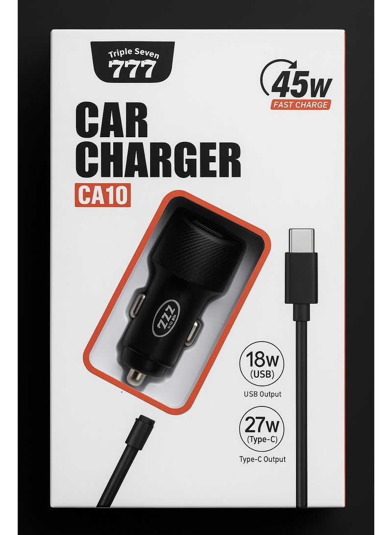 777 Triple Seven CA10 Car Charger 45W Fast Charge with 18W USB & 27W Type-C Output + Type-C Cable - Image 1