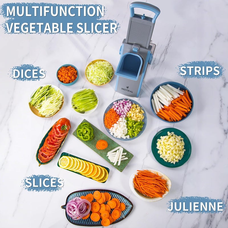 ONCE FOR ALL ONCE FOR ALL Mandoline Vegetable Slicer Veg Chopper with 4 Cutter Modes Adjustable Thicknesses Slicer Dicer Chopper Julienne Chip Veggies for Potatoes Carrot Tomato Cucumber SkyBlue - Image 3