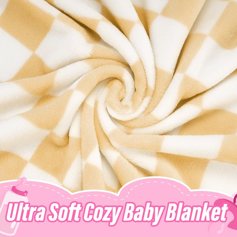 GreatBba Plush Checkered Baby Blanket for Boys Girls Nursery, 30"*40" Warm Short Fleece Blanket Neutral for Infant Newborn, Small Fuzzy for Sleeping, Chenille or Stroller (Sand Yellow&White) - Image 2