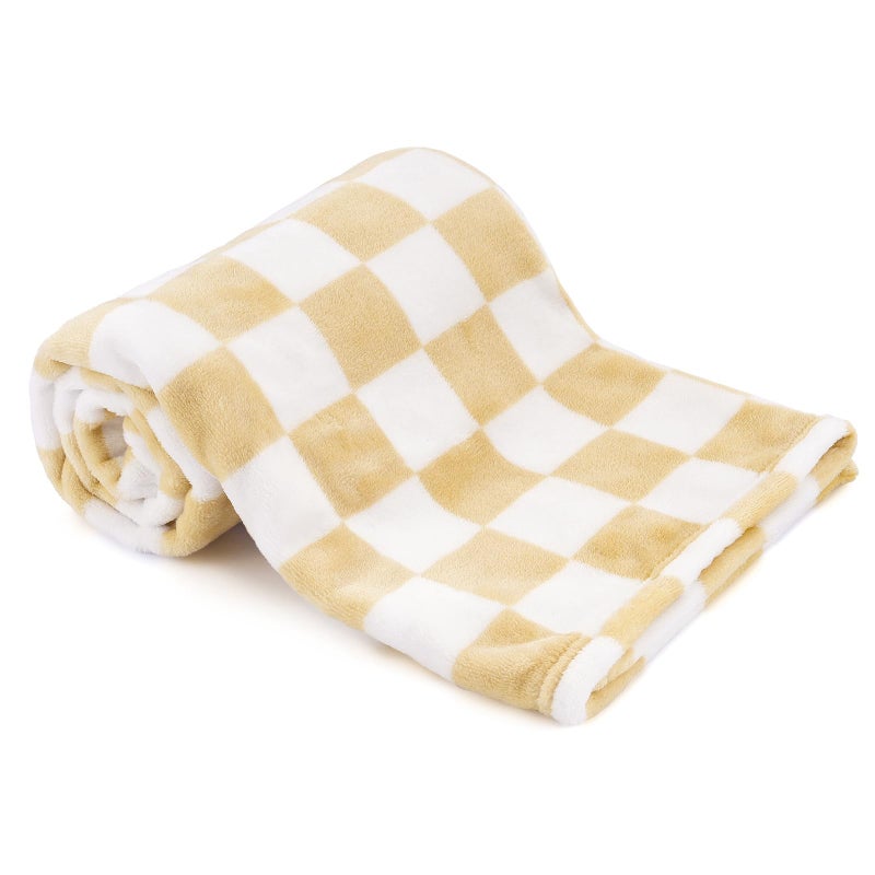 GreatBba Plush Checkered Baby Blanket for Boys Girls Nursery, 30"*40" Warm Short Fleece Blanket Neutral for Infant Newborn, Small Fuzzy for Sleeping, Chenille or Stroller (Sand Yellow&White) - Image 1