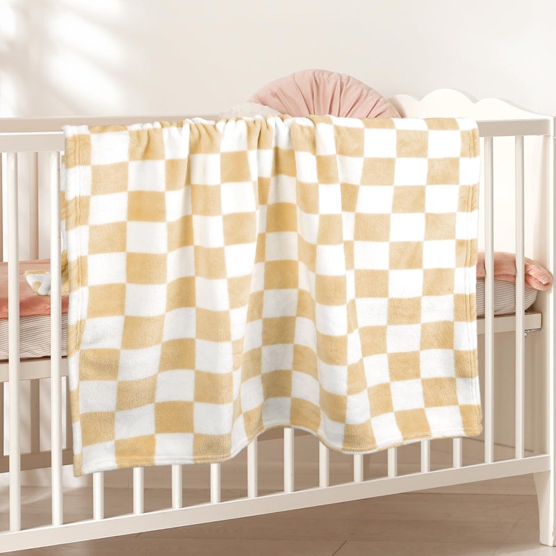 GreatBba Plush Checkered Baby Blanket for Boys Girls Nursery, 30"*40" Warm Short Fleece Blanket Neutral for Infant Newborn, Small Fuzzy for Sleeping, Chenille or Stroller (Sand Yellow&White) - Image 3