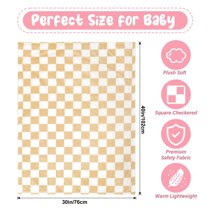 GreatBba Plush Checkered Baby Blanket for Boys Girls Nursery, 30"*40" Warm Short Fleece Blanket Neutral for Infant Newborn, Small Fuzzy for Sleeping, Chenille or Stroller (Sand Yellow&White) - Image 5