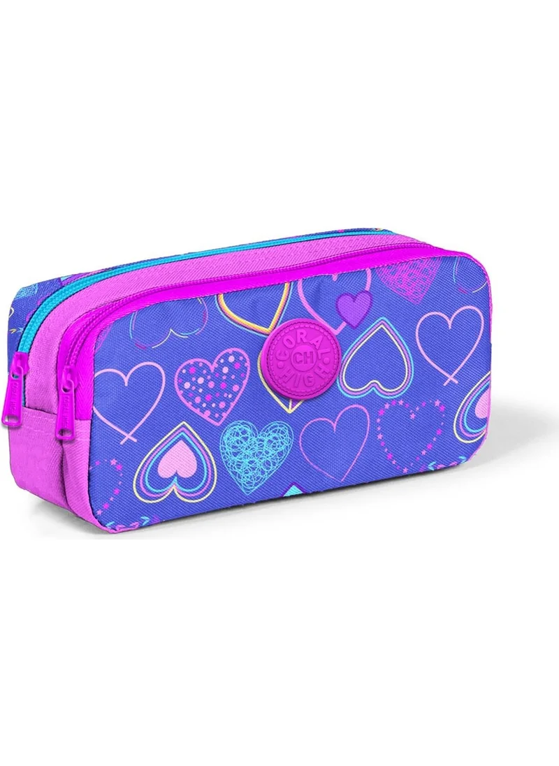 CORAL HIGH Kids Light Pink Lavender Heart Patterned Two Compartment Pencil Bag 22280