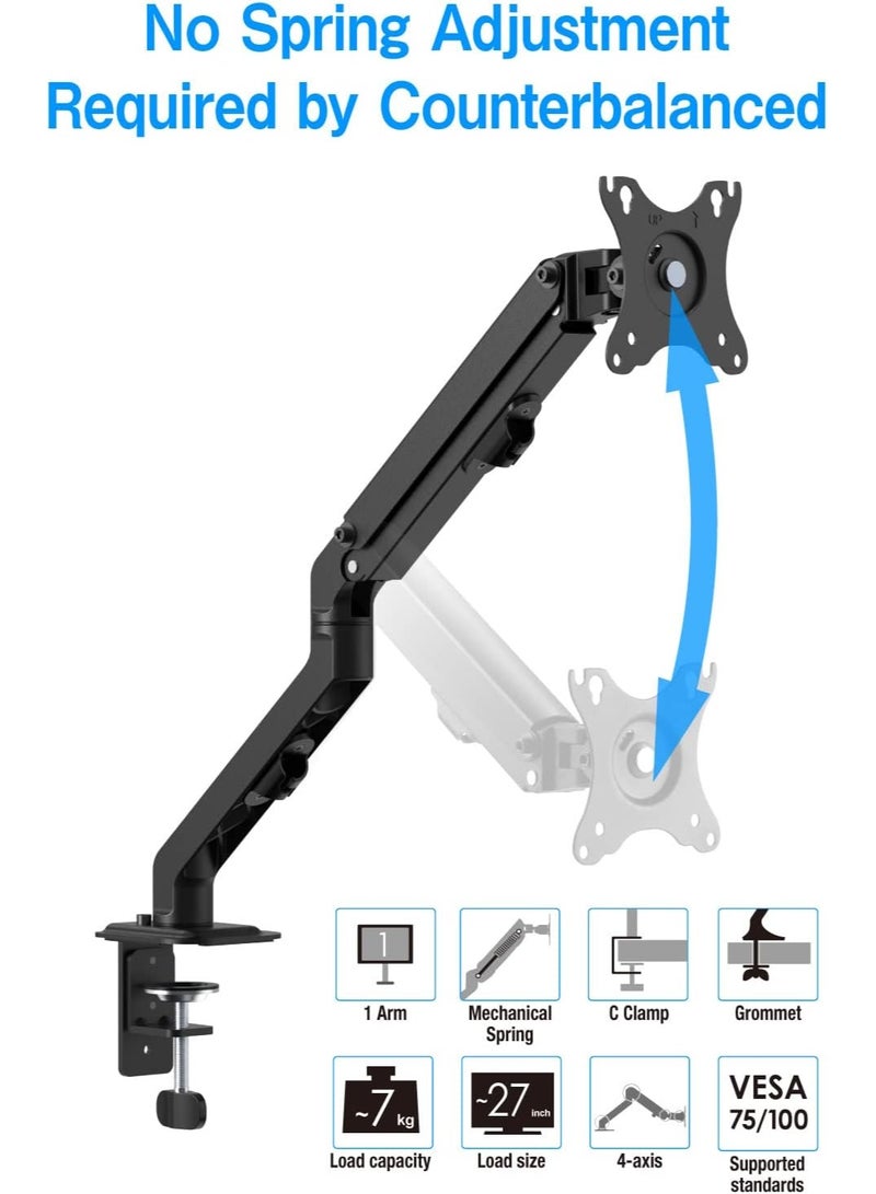ELTRAZONE Single Monitor Mount, Adjustable Mechanical Monitor Arm, Swivel Vesa fits for 17-27 inch, max Load 15.5 lbs - Image 3