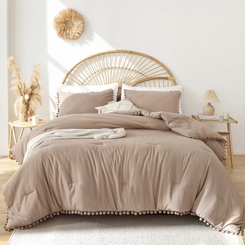 YIRDDEO Twin Comforter Set - Comforter Twin Size Bed with Ball Pom Fringe, Soft Bedding Set for All Seasons - 2 Pieces, 1 Comforter (66"x90") & 1 Pillow Sham(20"x26"), Taupe - Image 2