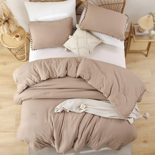 YIRDDEO Twin Comforter Set - Comforter Twin Size Bed with Ball Pom Fringe, Soft Bedding Set for All Seasons - 2 Pieces, 1 Comforter (66"x90") & 1 Pillow Sham(20"x26"), Taupe - Image 5