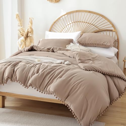 YIRDDEO Twin Comforter Set - Comforter Twin Size Bed with Ball Pom Fringe, Soft Bedding Set for All Seasons - 2 Pieces, 1 Comforter (66"x90") & 1 Pillow Sham(20"x26"), Taupe - Image 1
